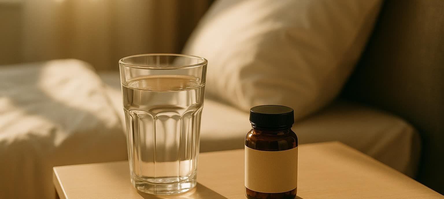 A brown supplement bottle with a blank label and a glass of water on a light wooden bedside table in soft morning sunlight. A blurred bed and pillow are in the background.