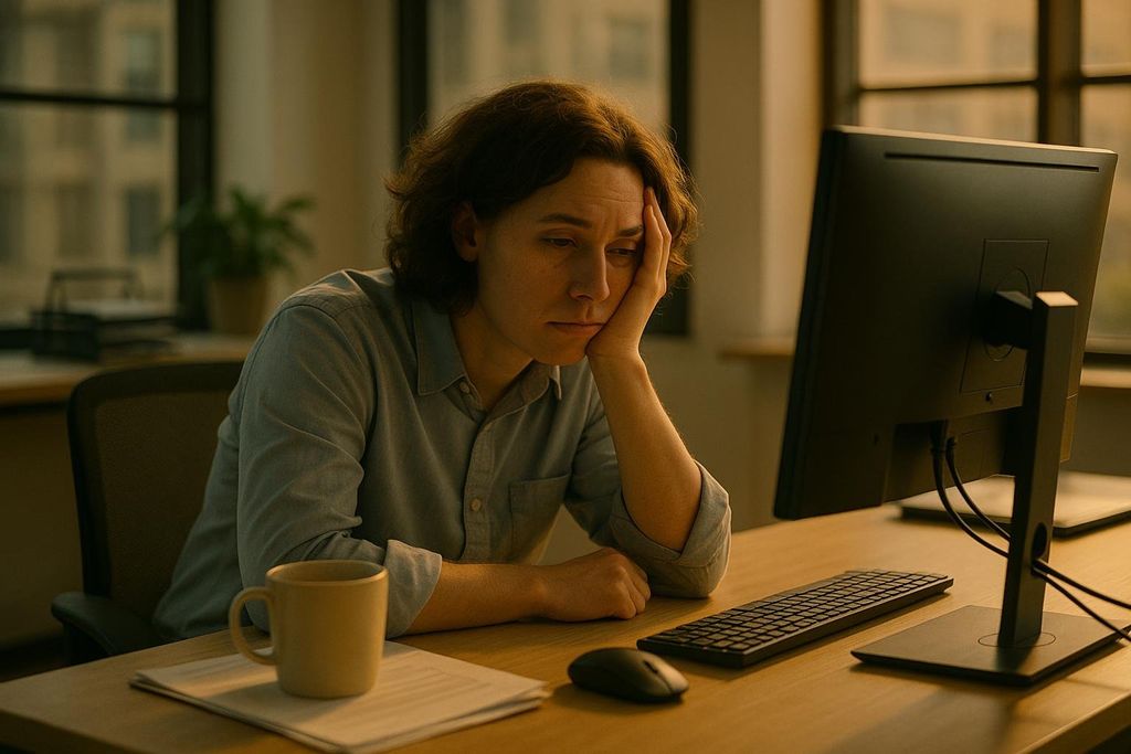 A person with one hand on their head and the other propping up their chin, looking fatigued at an office desk with a computer monitor, keyboard, and mouse in front of them.