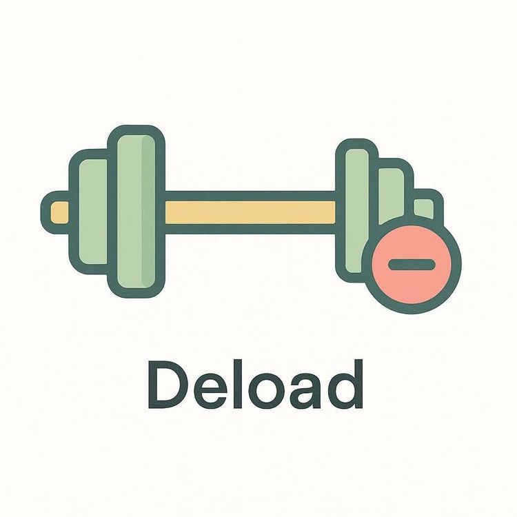 An icon of a barbell with green weights, a yellow bar, and a red circle with a minus sign on the right side. Below the barbell, the word 'Deload' is written in dark green.