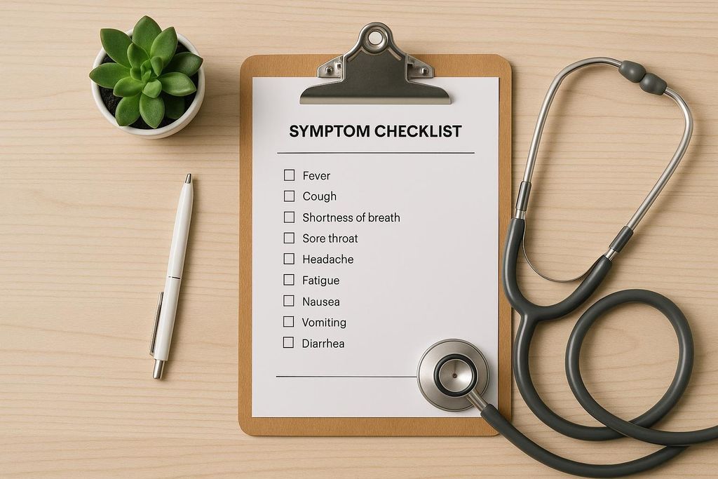 An overhead shot of a wooden desk with a clipboard holding a 'Symptom Checklist' with items like 'Fever', 'Cough', and 'Headache'. To the right is a gray stethoscope, and to the left are a white pen and a small green succulent plant.