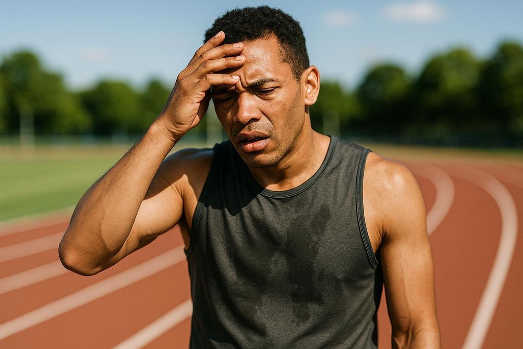 A male runner in a black tank top, visibly sweating and looking distressed, with his hand on his forehead, standing on a running track. He appears to be experiencing exhaustion or discomfort.