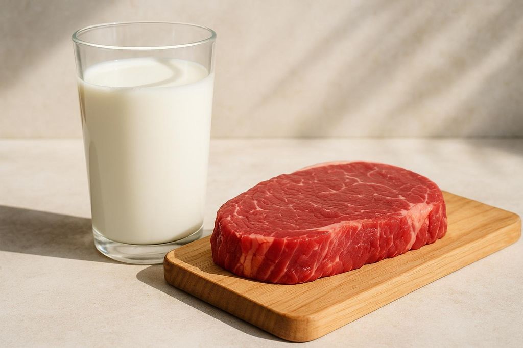 A glass of milk and a raw cut of beef on a wooden board, representing natural food sources of Conjugated Linoleic Acid (CLA).