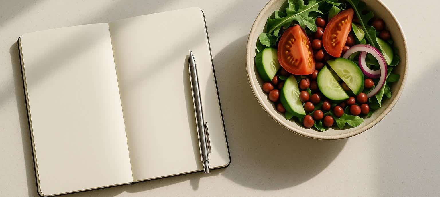 An overhead shot of an open, blank notebook with a pen next to a bowl of fresh salad with various vegetables, suggesting meal planning.