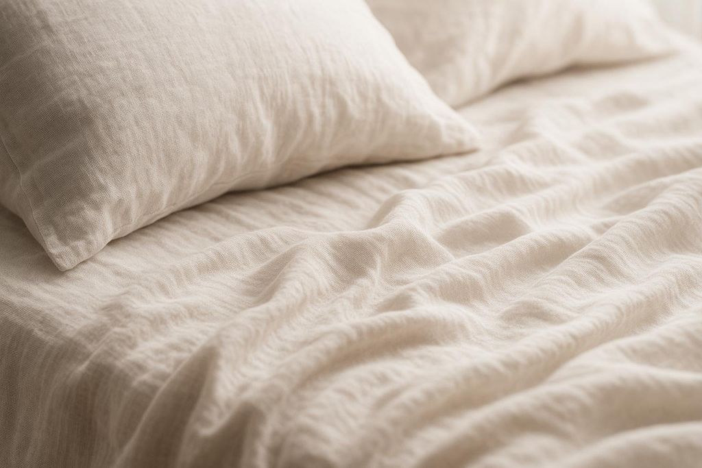 Close-up of a bed with light-colored, wrinkled, and breathable cotton sheets and a pillow, suggesting comfort and airflow for sleep.
