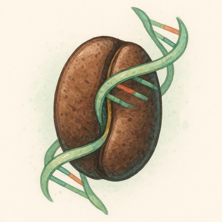 A coffee bean intertwined with a DNA helix strand.