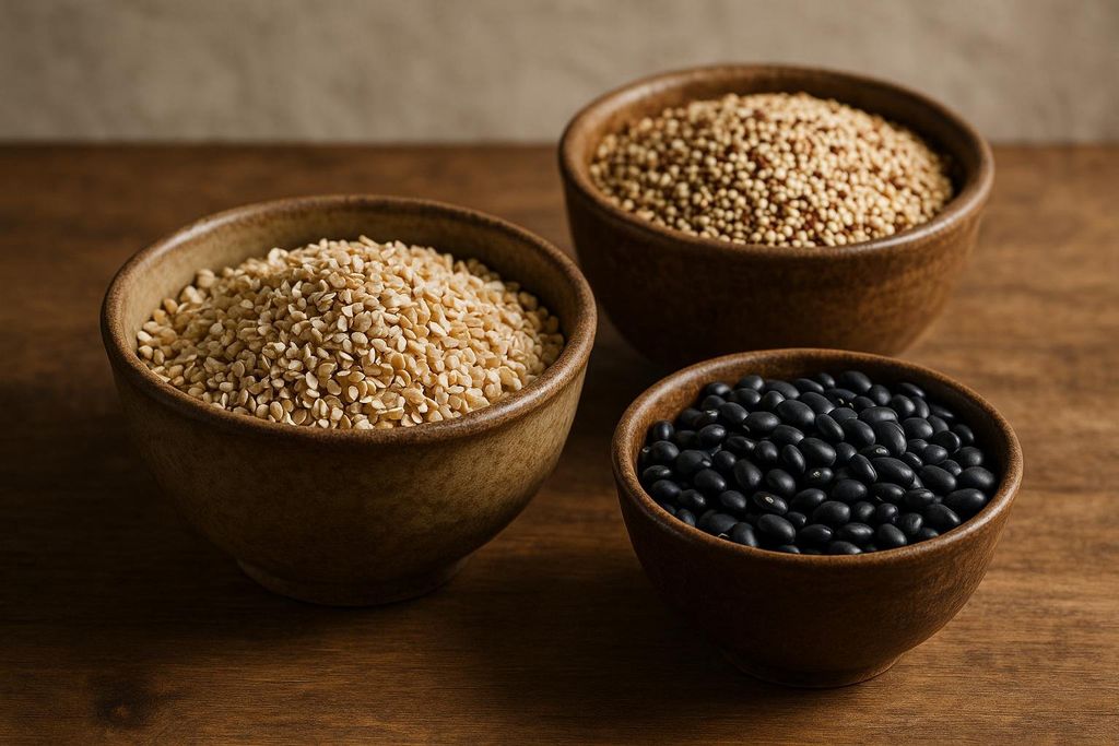 Three bowls of healthy, low-glycemic carbohydrates commonly recommended for a PCOS diet: a bowl of steel-cut oats, a bowl of quinoa, and a bowl of black beans, all sitting on a wooden surface.