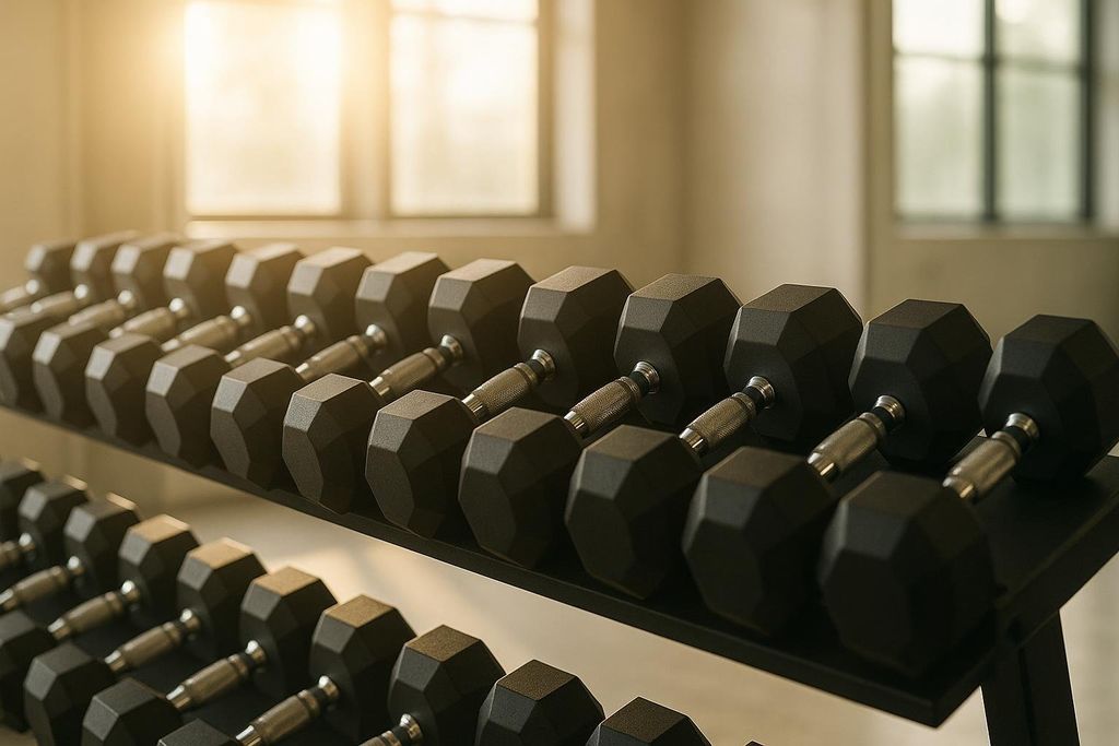 A row of black octagonal dumbbells neatly arranged on a rack in a sunlit gym. The light from a window in the background creates a warm glow.