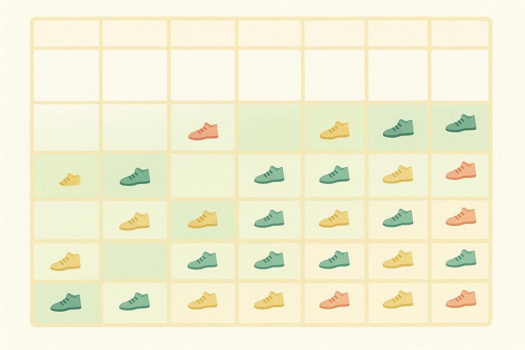 Stylized 30-day calendar with increasing walking shoe icons, showing a gradual build-up towards a fitness goal.