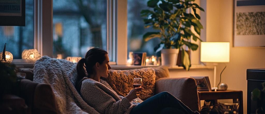 A woman sits on a couch, wrapped in a blanket, holding a glass of wine. The room is dimly lit with candles and a lamp, creating a cozy atmosphere. A window is visible in the background.