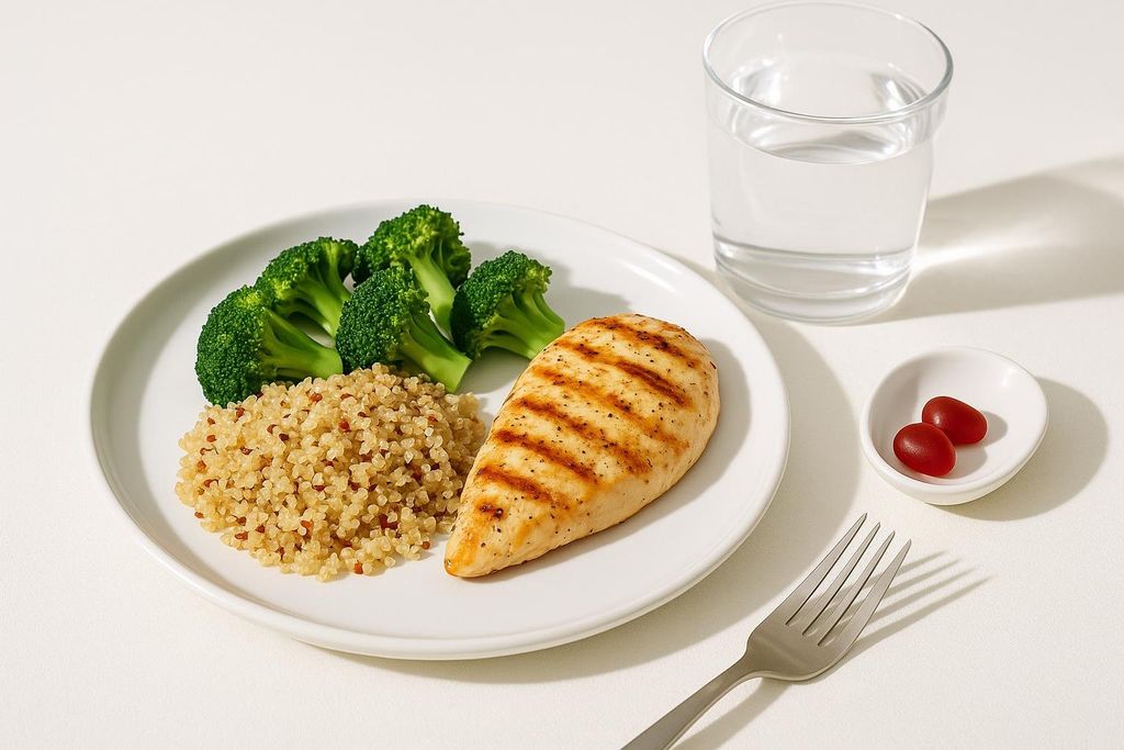 A healthy meal with grilled chicken breast, quinoa, and broccoli on a white plate, accompanied by a glass of water and two small red berries in a dish.