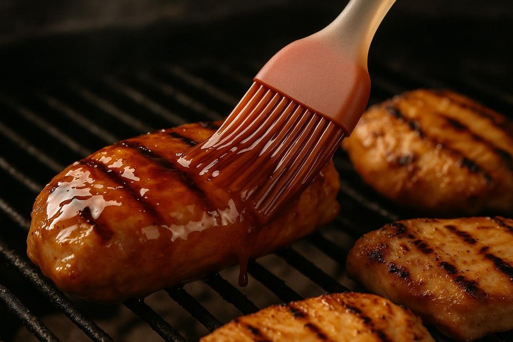 A close-up shot of a silicone basting brush applying a shiny brown glaze to a piece of meat on a grill, with grill marks visible on the meat. Other pieces of grilled meat are blurred in the background.