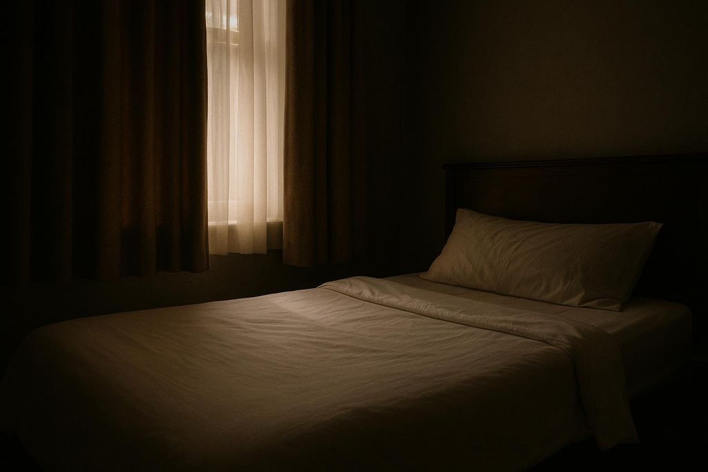 A dark bedroom with soft morning light filtering through sheer curtains and casting a glow on a neatly made bed with white linens.