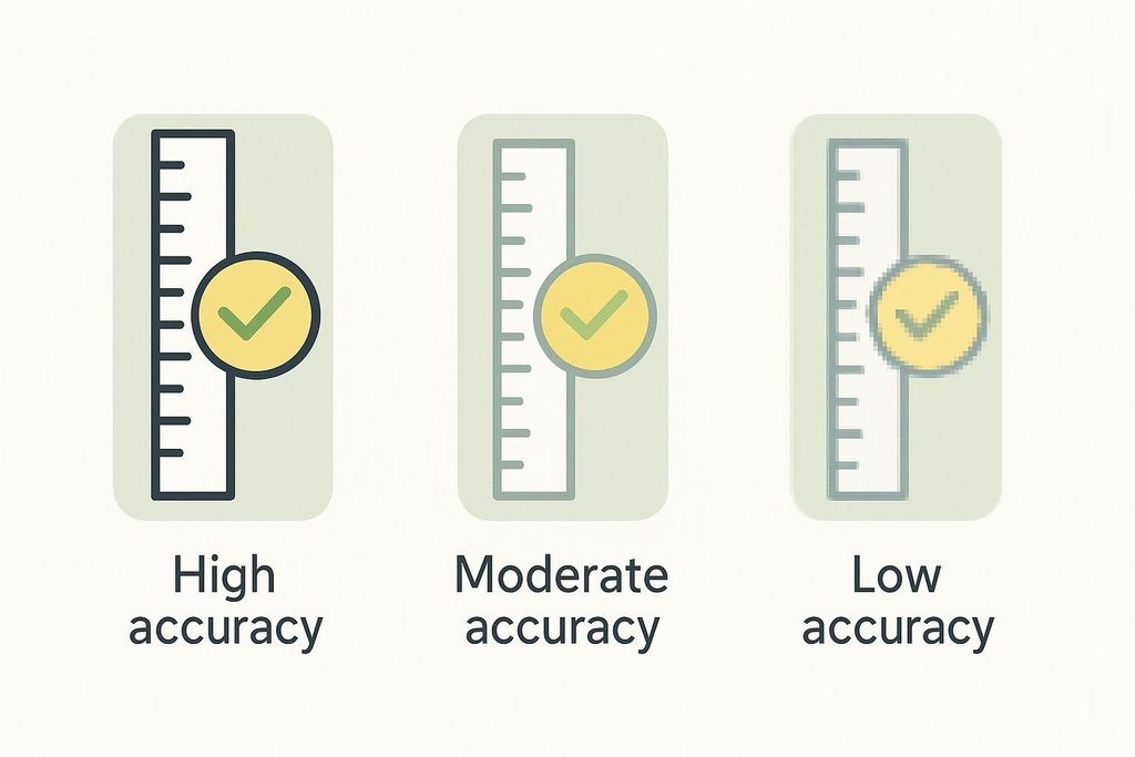 Three icons representing different levels of measurement accuracy: high (sharp ruler and checkmark), moderate (slightly blurred ruler and checkmark), and low (pixelated ruler and checkmark).