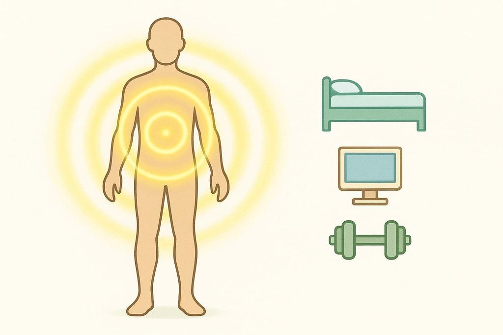 A diagram illustrating Total Daily Energy Expenditure (TDEE). On the left, a human body outline has yellow concentric circles emanating from its core, symbolizing energy. On the right, three icons are stacked: a green bed, a brown computer monitor, and a green dumbbell, representing rest, work, and exercise, respectively.