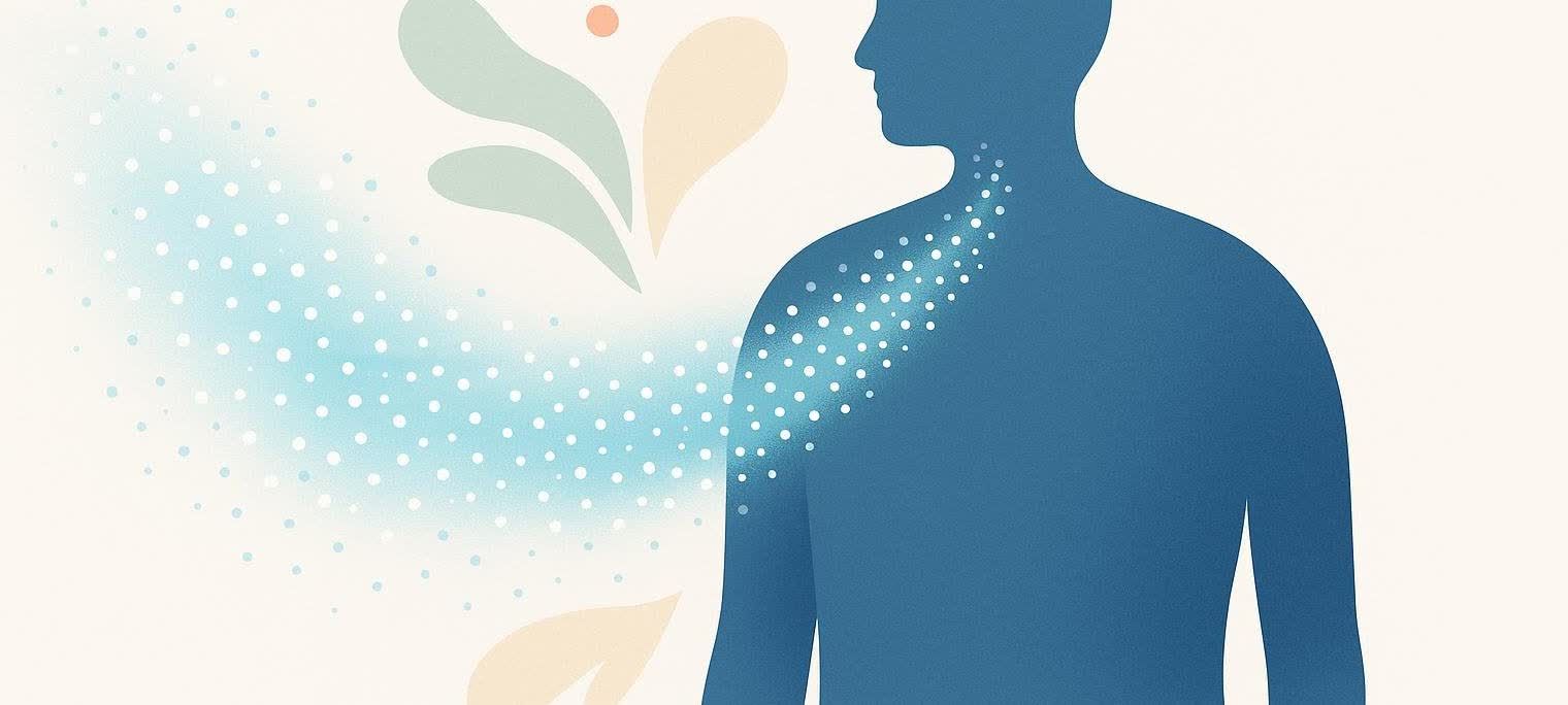Abstract illustration of oxygen particles flowing towards and into the side and neck of a human silhouette, representing the mechanism of hyperbaric oxygen therapy via absorption of oxygen.