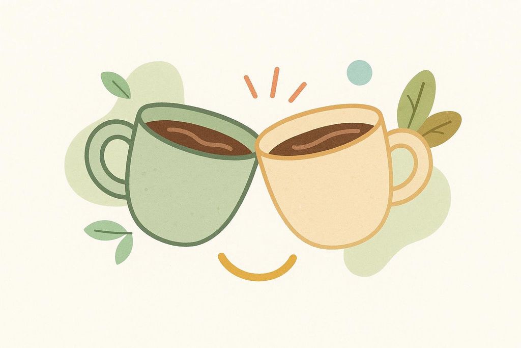 An illustration of two coffee cups, one green and one yellow, clinking together. Green leaves and abstract shapes decorate the background, and a yellow arch below the cups forms a smiling mouth.