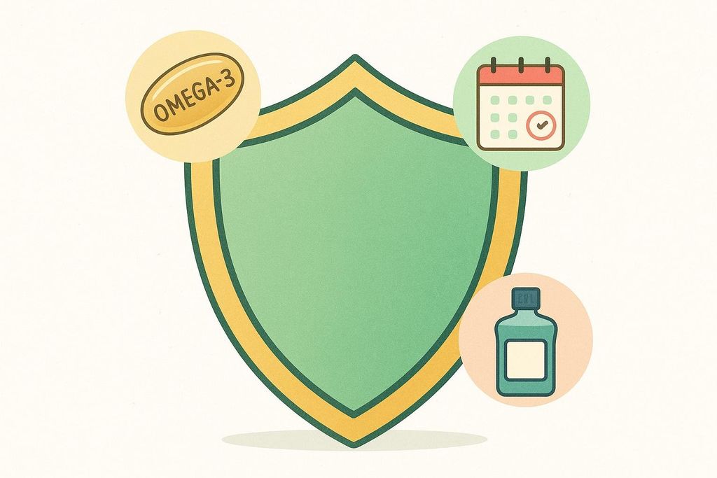 A green and yellow shield encircled by three icons: an omega-3 capsule, a calendar with a checked date, and a bottle of mouthwash. These represent strategies to mitigate possible side effects of Rapamycin.