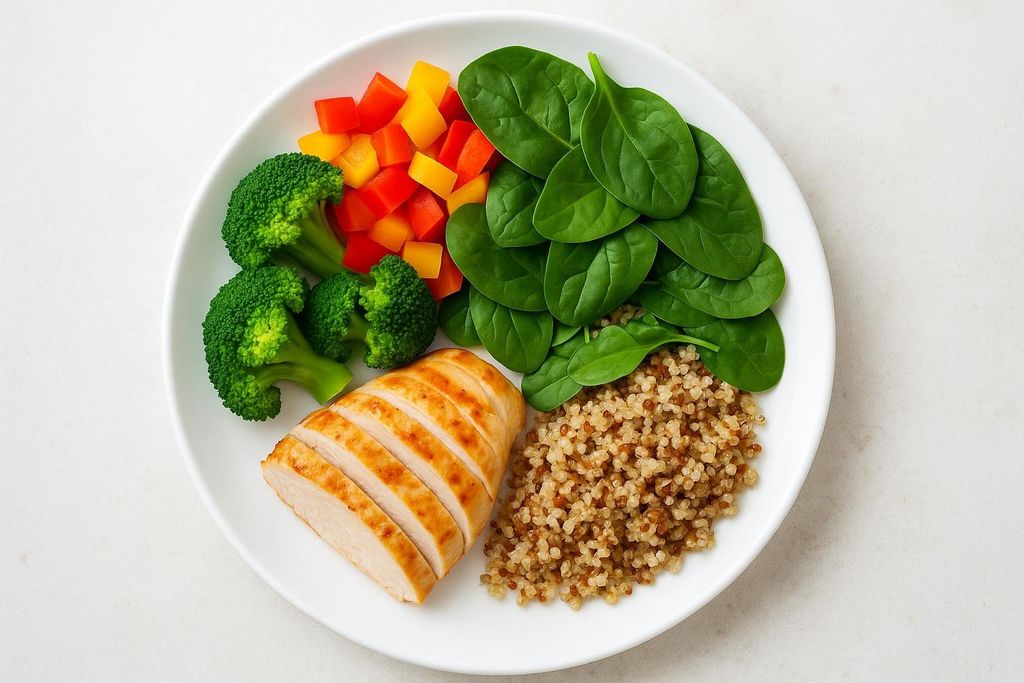 Top-down view of a healthy plate: grilled chicken breast, quinoa, broccoli florets, diced red and yellow bell peppers, and spinach leaves.