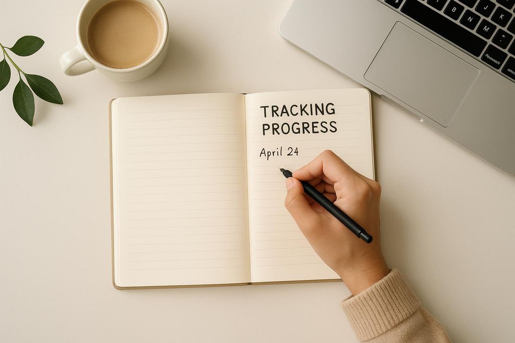 A hand writing "Tracking Progress" and "April 24" in a journal on a desk with a laptop, coffee, and plant.