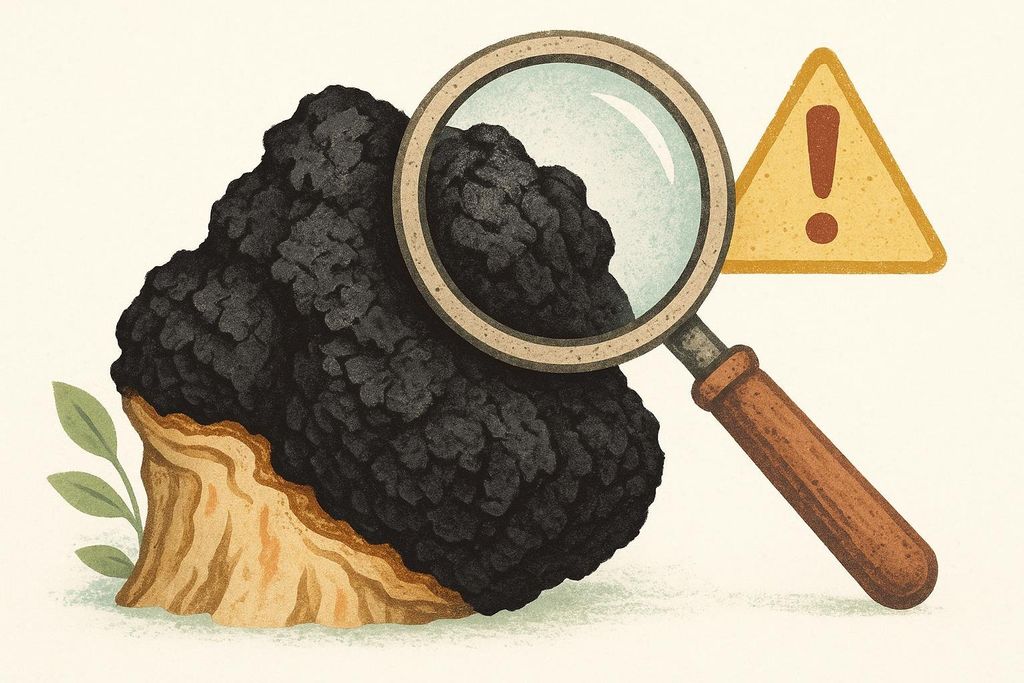 An illustration of a Chaga mushroom with a magnifying glass examining its surface. A yellow triangular warning sign with an exclamation mark is placed behind the magnifying glass, symbolizing the need for caution.