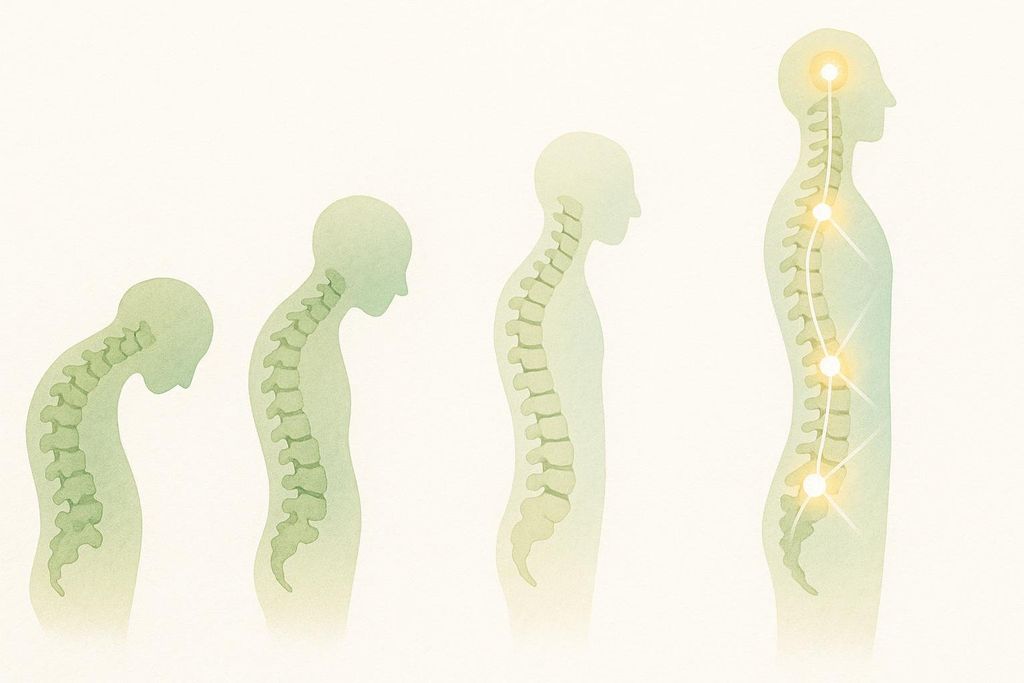 An illustrated spine un-curving from a hunched position into a straight line.
