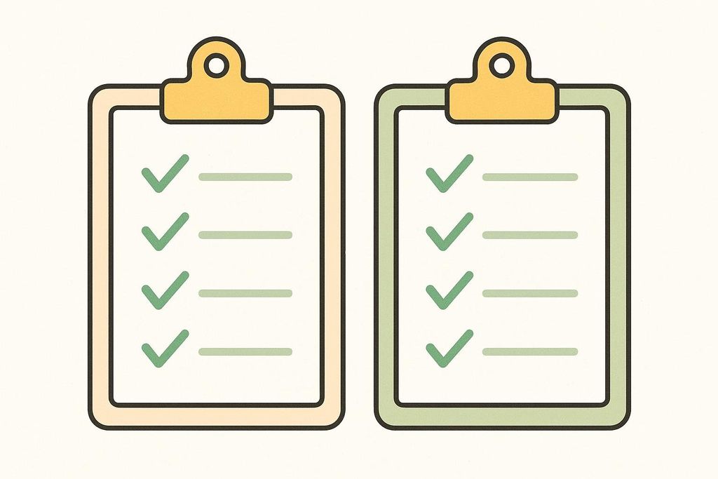 Two clipboards with checklists side by side, one with a beige frame and the other with a green frame. Both have several green checkmarks next to blank lines.