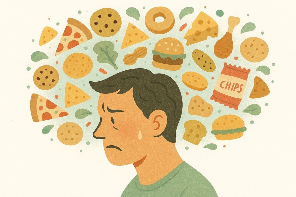 An illustration of a man's head, shown in profile with a worried expression and a tear drop on his cheek, surrounded by a chaotic cloud of various food icons such as pizza, chips, burgers, and cookies, representing 'food noise' or overwhelming thoughts about food.