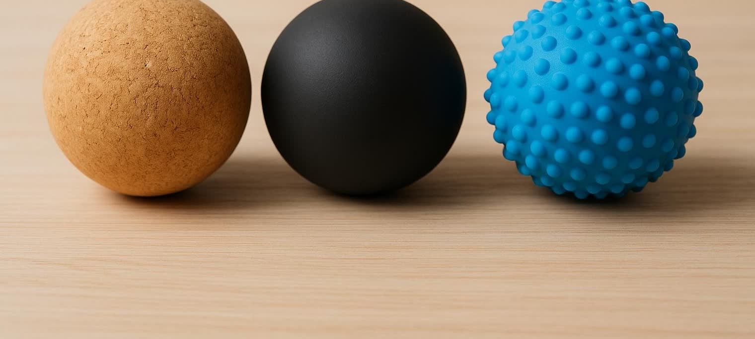 A flat lay of three different massage balls: one made of cork, another of smooth black rubber, and a third of textured blue silicone, all resting on a light wooden surface.