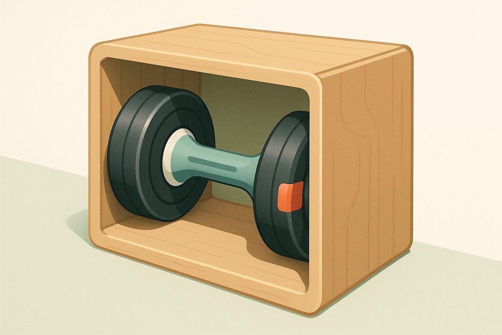 An illustration of an adjustable dumbbell neatly stored inside a minimalist wooden box, suggesting efficient space utilization.