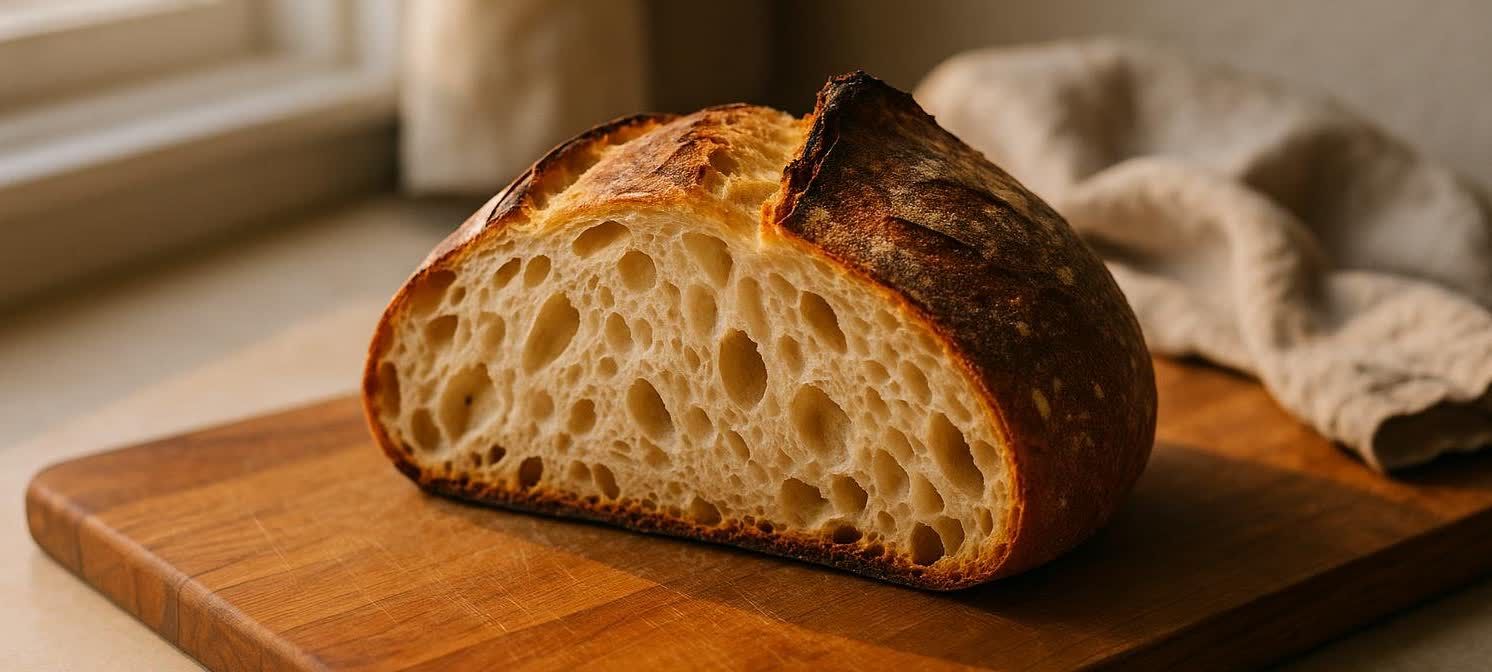 A freshly baked rustic sourdough bread loaf, with a beautifully browned crust and open crumb, sliced in half and resting on a wooden cutting board.