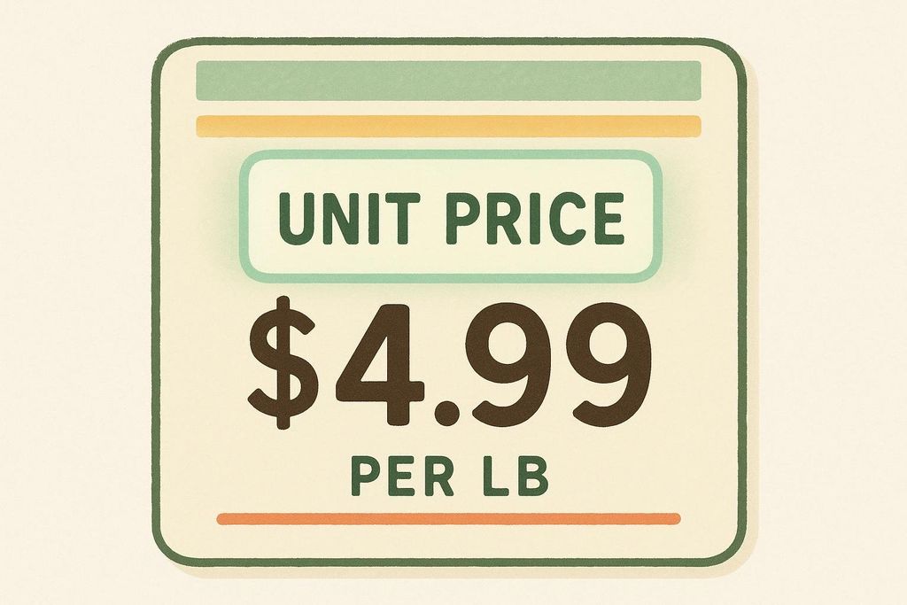 An illustration of a light brown grocery store shelf tag with rounded corners. The top section is light green, followed by a thin yellow line. Below this, in a light green box, are the words 'UNIT PRICE' in dark green. Below that, in large dark brown text, it reads '$4.99'. Underneath, in smaller dark brown text, it says 'PER LB'. A thin orange line is at the bottom of the tag.