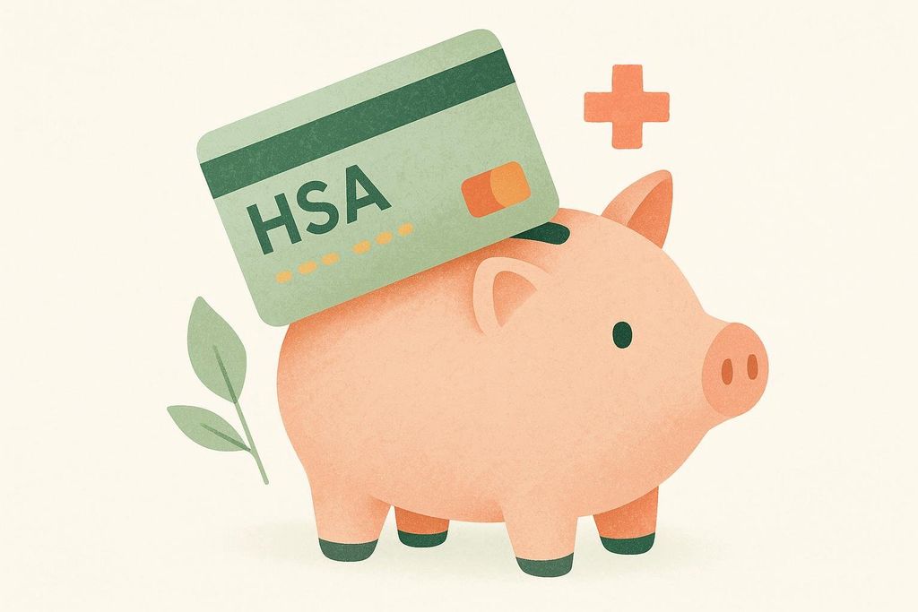 Illustration of a light green HSA card with the letters 'HSA' on it, partially inserted into the coin slot of a peach-colored piggy bank. A red cross symbol characteristic of healthcare is visible to the right of the card, and two green leaves are on the left, near the base of the piggy bank.