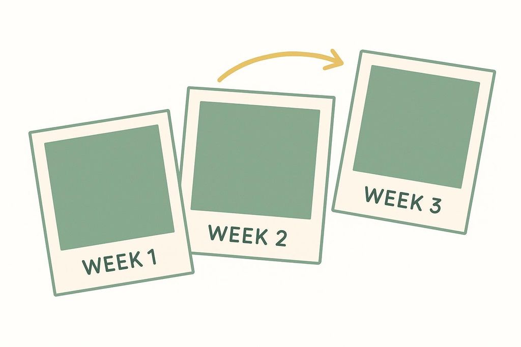Three overlapping blank polaroid-style frames, labeled 'WEEK 1', 'WEEK 2', and 'WEEK 3' from left to right. A curved arrow points from 'WEEK 2' to 'WEEK 3', indicating a sequence or progression.