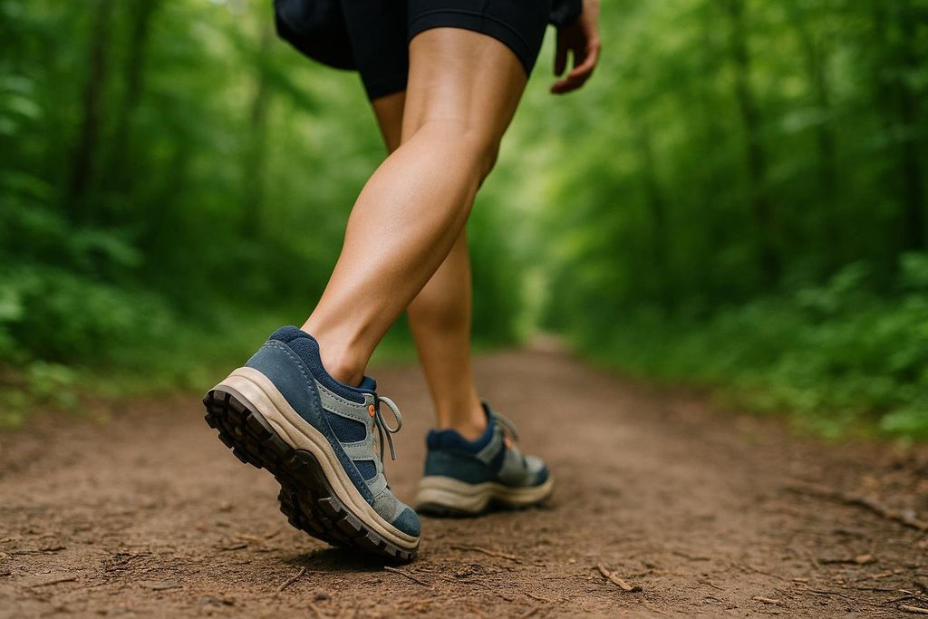 A person's lower legs and feet, clad in blue and beige walking shoes, as they walk along a dirt path through a lush green forest.