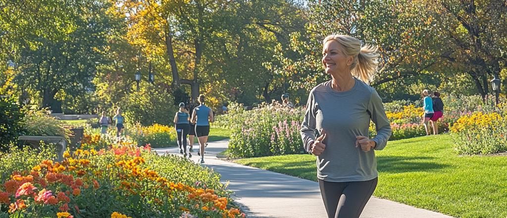 A cheerful woman runs down a paved path lined with orange and red flowers in a sunny urban park, with other runners in the background. The trees lining the path have yellow and brown fall foliage.