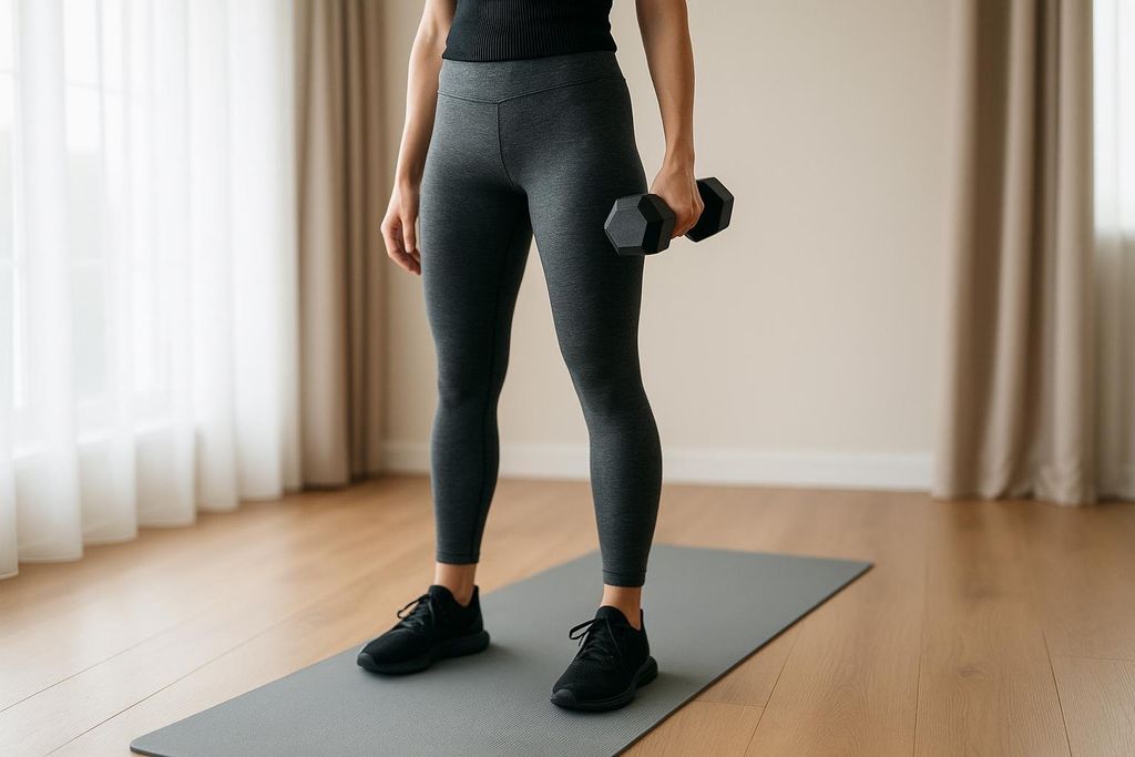 A woman stands on a yoga mat at home, holding a single dumbbell in her right hand, ready to exercise.