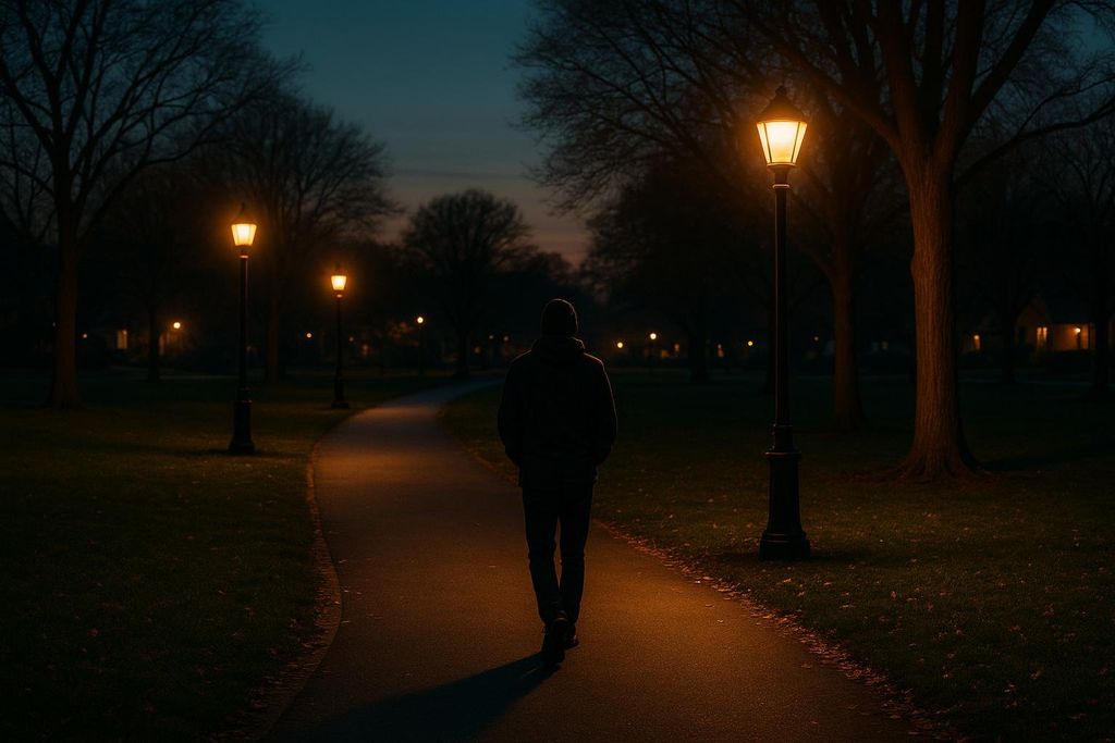 A person, seen from behind, walks along a paved path illuminated by streetlights at dusk. Bare trees line the path, and distant lights are visible in the dark background.