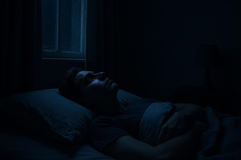 A person lying awake in bed at night, looking up, illustrating the struggle with insomnia in a dark room with a window faintly visible.