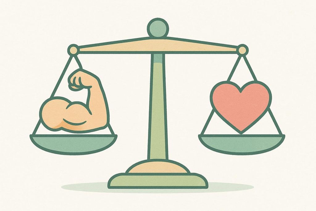 An illustration of a balancing scale, with a strong bicep on one side and a red heart on the other, symbolizing the balance between physical strength and overall heart health.