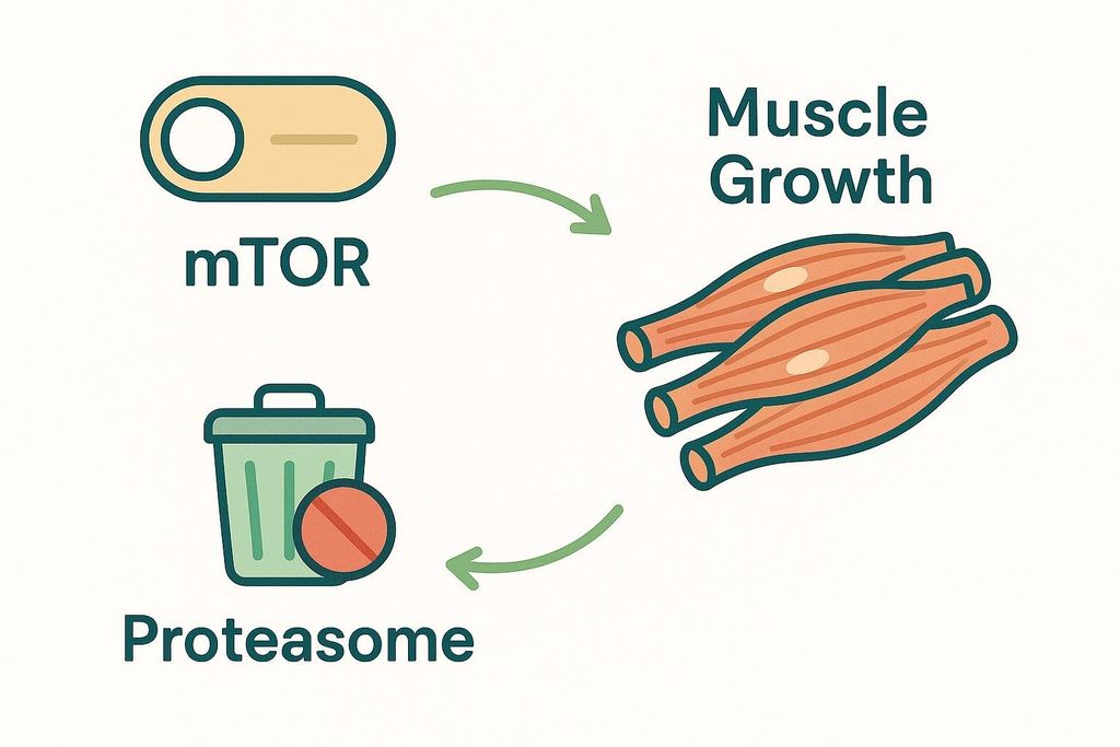 An illustration showing how mTOR activation and proteasome inhibition contribute to muscle growth. A toggle switch labeled 'mTOR' points with an arrow to 'Muscle Growth', represented by three muscle fiber icons. A trash can icon with a red no-entry sign over it, labeled 'Proteasome', also points with an arrow to 'Muscle Growth'.