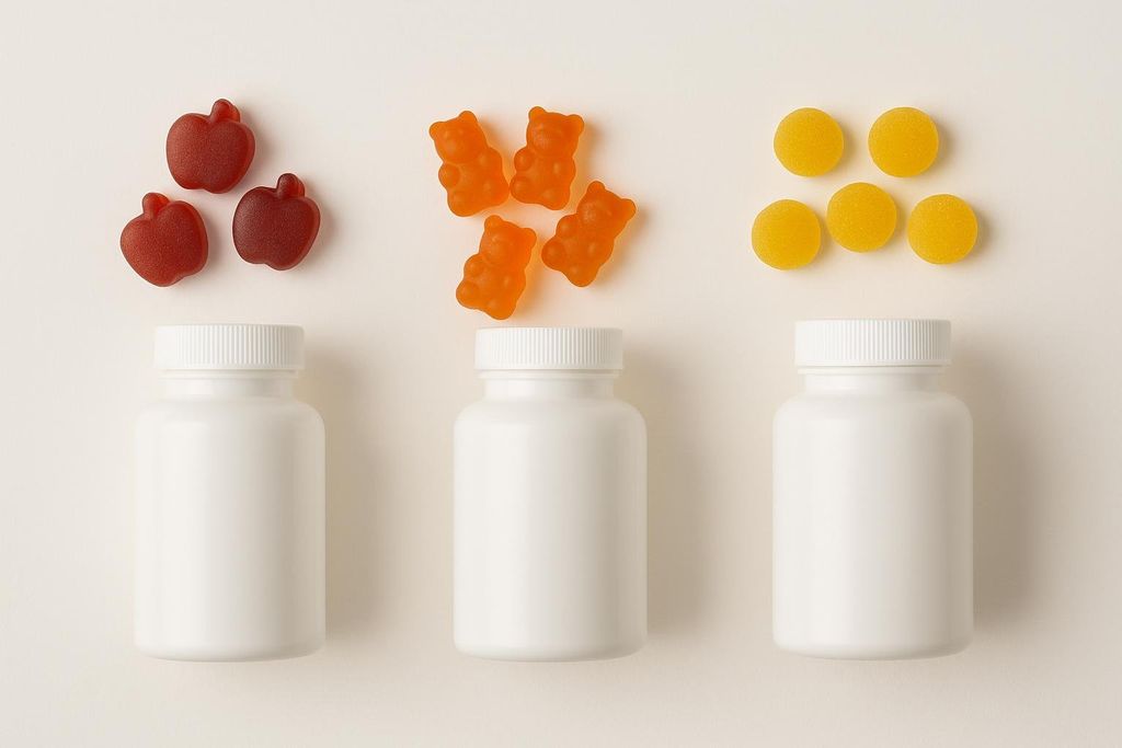 An overhead view of three white, unbranded bottles, each with a different type of gummy vitamin arranged above it. From left to right: red apple-shaped gummies, orange bear-shaped gummies, and round yellow gummies.