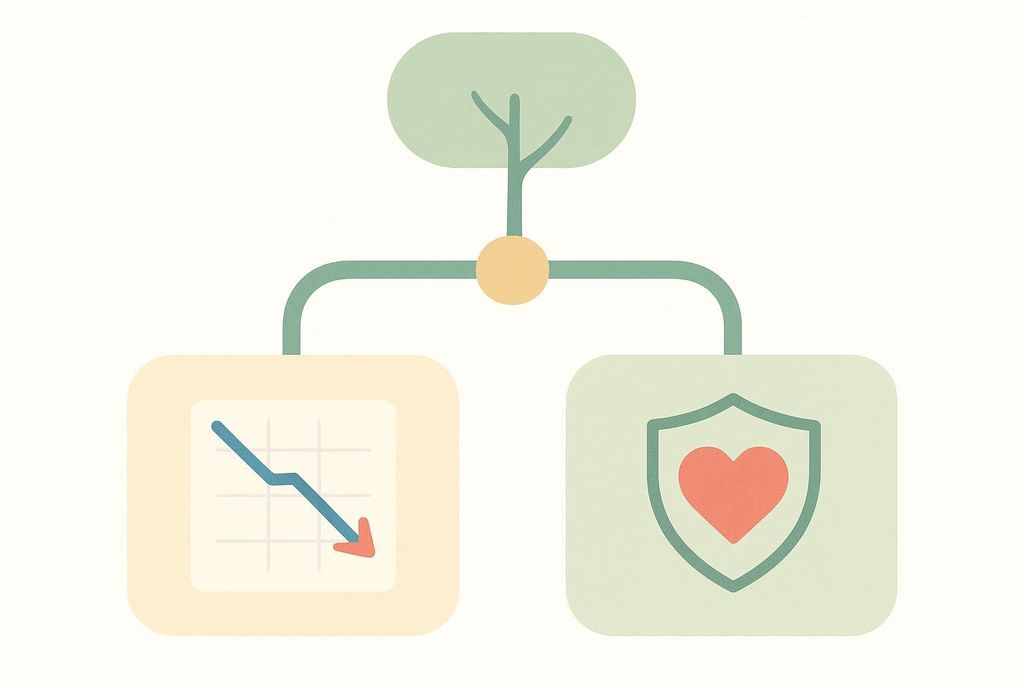 An illustration of a decision tree with a tree-like top node branching into two paths. The left path leads to a graph with a downward trending line and red arrow, symbolizing reduction like weight or A1C. The right path leads to a shield with a red heart inside, symbolizing cardiovascular protection.