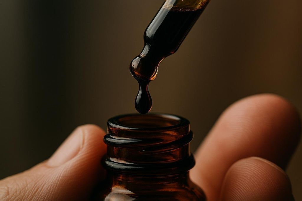 Close-up of a dropper with a dark liquid, likely an herbal tincture, releasing a single drop into a small amber glass bottle held by blurred fingers.