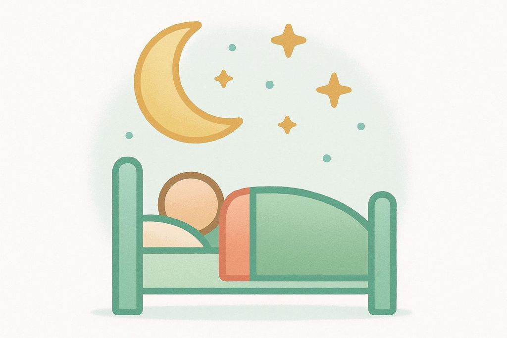 A peaceful illustration shows a person sleeping soundly in bed under a crescent moon and stars.