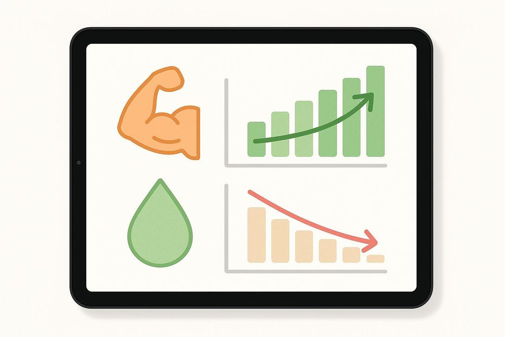 An illustration of a tablet displaying a body composition report. The upper part shows a flexing bicep icon alongside a green bar graph with an upward arrow, indicating muscle gain. The lower part shows a green liquid drop icon alongside a light orange bar graph with a downward red arrow, indicating fat loss. The background is white.