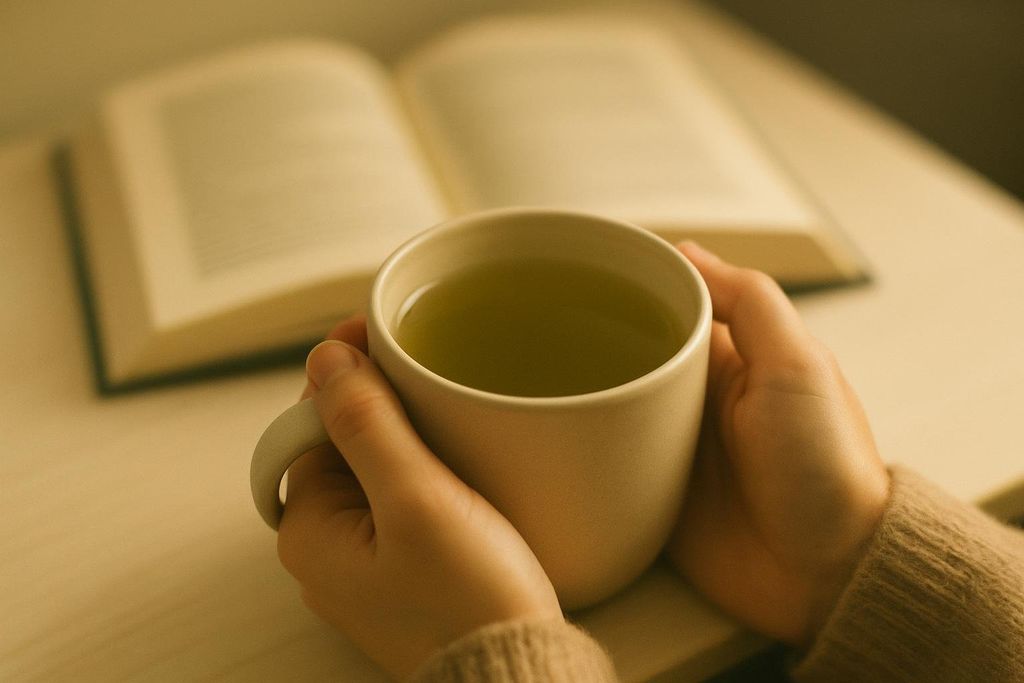 Hands holding a warm mug of green tea, with an open book in the blurred background. The image conveys a sense of calm and focused relaxation.