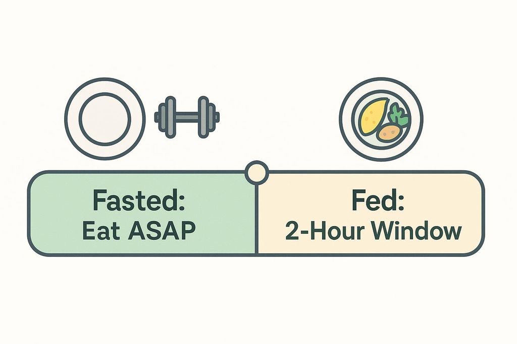 Timeline diagram comparing post-workout nutrition timing for fasted training versus fed training.
