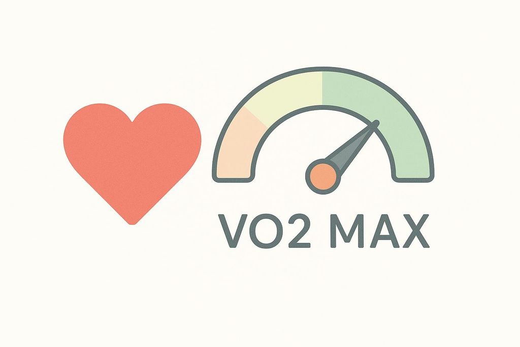 An illustration featuring a red heart icon to the left of a VO2 Max gauge, which displays a needle pointing to the higher, green end of the scale, indicating good cardiovascular health.