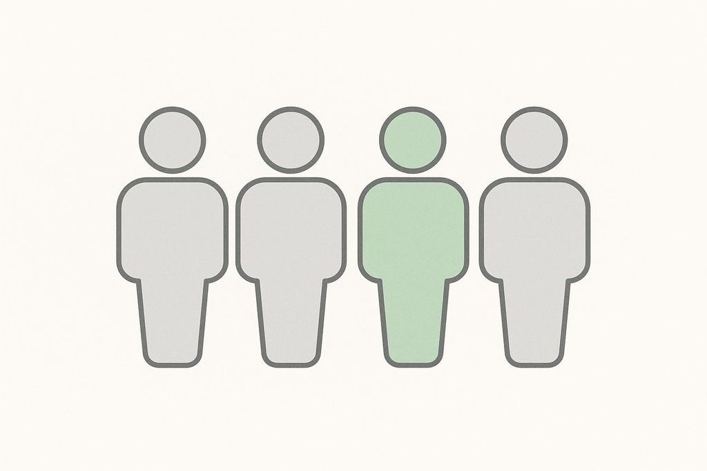 An illustration of four grey human figures, with one of them highlighted in green, representing a one-in-four statistic or fact.