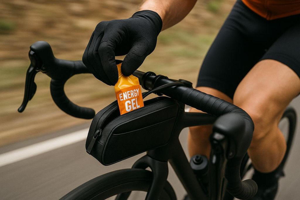 Close-up of a cyclist in black gloves taking an energy gel from a small black bag attached to their handlebars while riding.